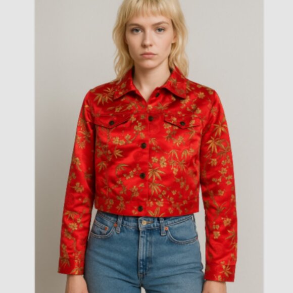 Maggy London Silk Blend Red Asian Floral Cropped Trucker Jacket Size 4 Chest 36 - Picture 1 of 9